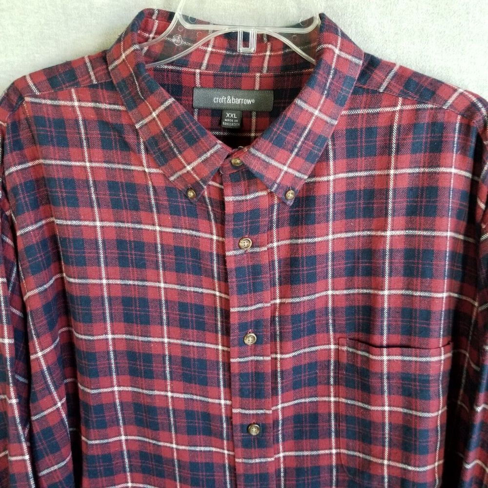 Croft and Barrow Men's 2XL Shirt Red Blue Flannel Plaid Windowpane Workwear